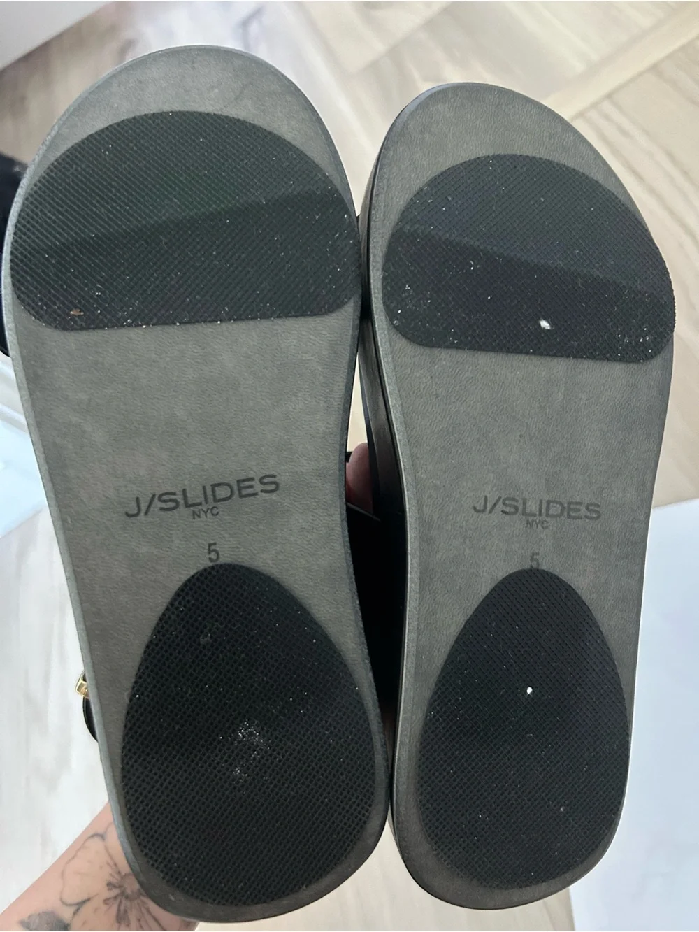 J Slides Black Platform Dual-Buckle Sandal with Gold Hardware